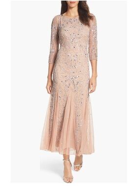 Pisarro Nightsts Beaded Illusion Sleeve Midi Dress Blush Pink NWOT
